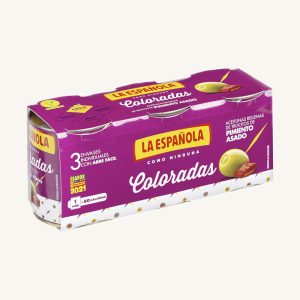La Española Green olives stuffed with roasted red pepper, Coloradas, manzanilla variety, 3 cans pack 3 x 50 gr drained