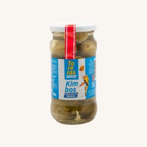 Toreras Kimbo Gherkin : pickles stuffed Gordal olives anchovy flavor (aceitunas gordal con pepinillos), jar 370 g