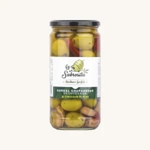 La Sabrosita Gordal Chupadedos pitted olives with olive oil, from Seville, jar 690g
