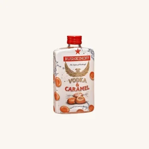 Rushkinoff Caramel vodka base liquor (licor vodka caramelo), from Mallorca, plastic flask 35ml