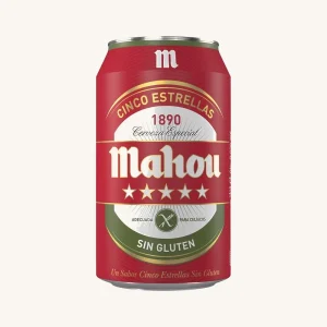 Gluten free Mahou Cinco Estrellas, Pale lager beer (cerveza), from Madrid, can 33 cl